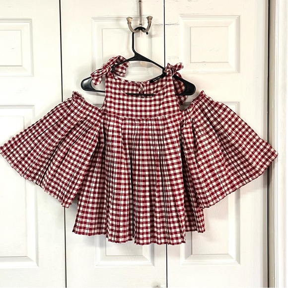 DOE & RAE Red and White Gingham Checked Cold Shoulder Butterfly Sleeve Blouse - Picture 3 of 17